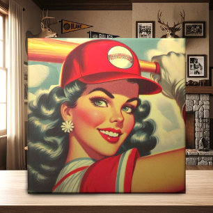 Retro Baseball Girl Tile