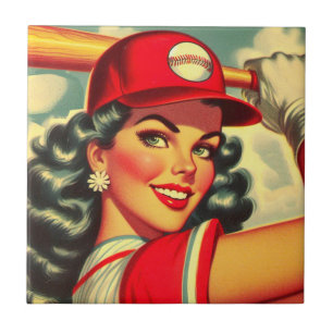 Retro Baseball Girl Tile