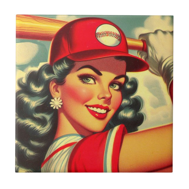 Retro Baseball Girl Tile (Front)