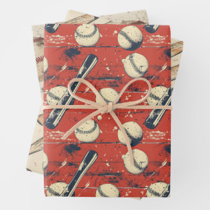 Retro Baseball Pattern Wrapping Paper Sheet