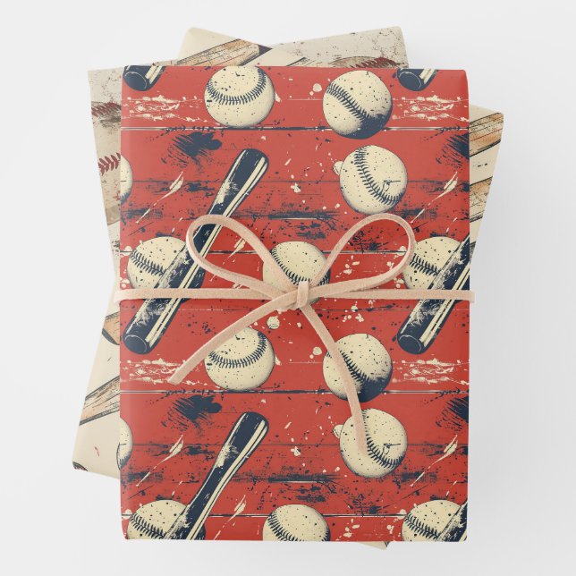 Retro Baseball Pattern Wrapping Paper Sheet (In situ)
