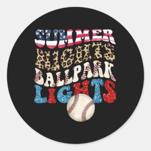 Retro Baseball Summer Nights Ballpark Lights Men Classic Round Sticker