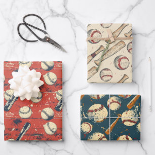 Retro Baseball Trio 3 Wrapping Paper Sheet