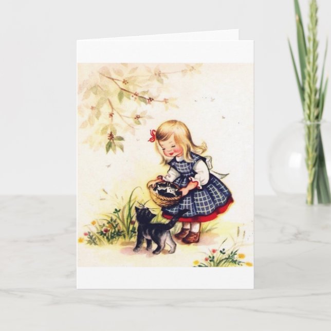 Retro Basket Of Kittens Note Card (Front)