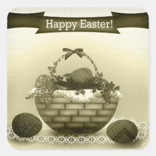 Retro.  Basket with Easter eggs Square Sticker