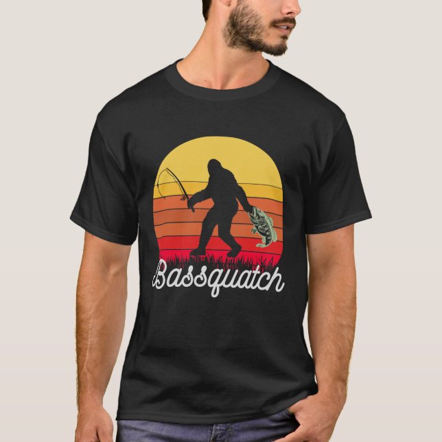 Retro Bassquatch Bigfoot Fishing T-Shirt (Front)