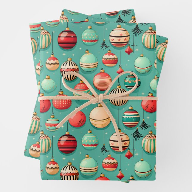 Retro Baubles Christmas Wrapping Paper Sheet (In situ)