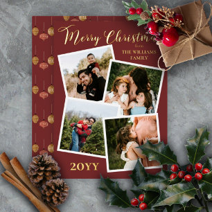 Retro Baubles Merry Christmas 4 Photo Dk Berry Foi Foil Holiday Card