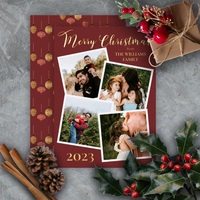 Retro Baubles Merry Christmas 4 Photo Dk Berry Foi Foil Holiday Card (Creator Uploaded)