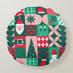Retro Bauhaus Christmas Patchwork Red Green Round Cushion