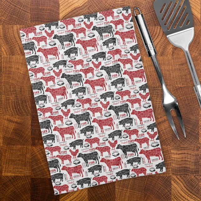 Retro BBQ Butcher Farm Fresh Pattern Tea Towel (Creator Uploaded)