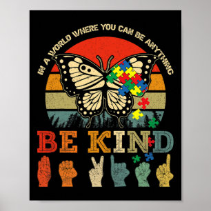 Retro Be Kind Puzzle Butterfly Asl Teacher Autism Poster