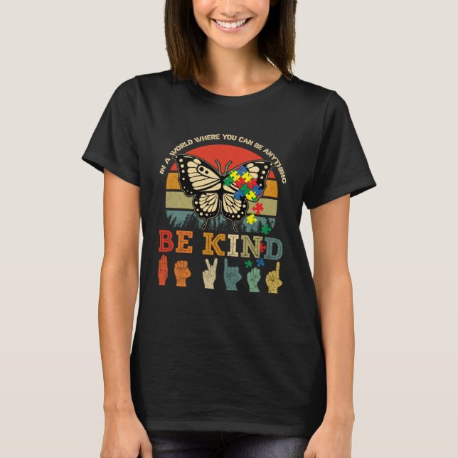 Retro Be Kind Puzzle Butterfly ASL Teacher Autism  T-Shirt (Front)
