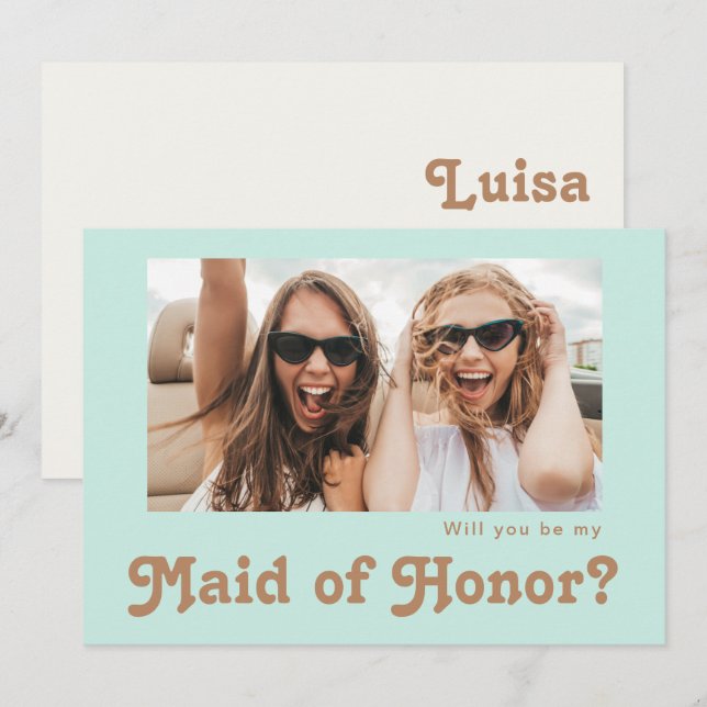 Retro Beach Aqua Photo Maid of Honour Proposal Car Invitation (Front/Back)