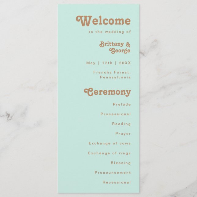 Retro Beach | Aqua Wedding Program Programme (Front)