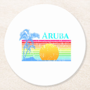 Retro Beach Aruba Sunset Round Paper Coaster