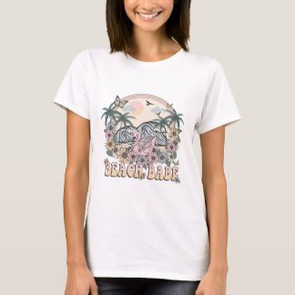 Retro Beach Babe Skeleton Flamingo Peace T-Shirt