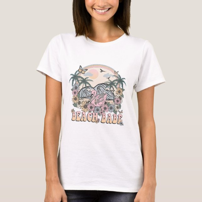 Retro Beach Babe Skeleton Flamingo Peace T-Shirt (Front)