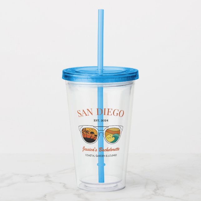 Retro Beach Bachelorette Custom Bridesmaid Gifts Acrylic Tumbler (Front)