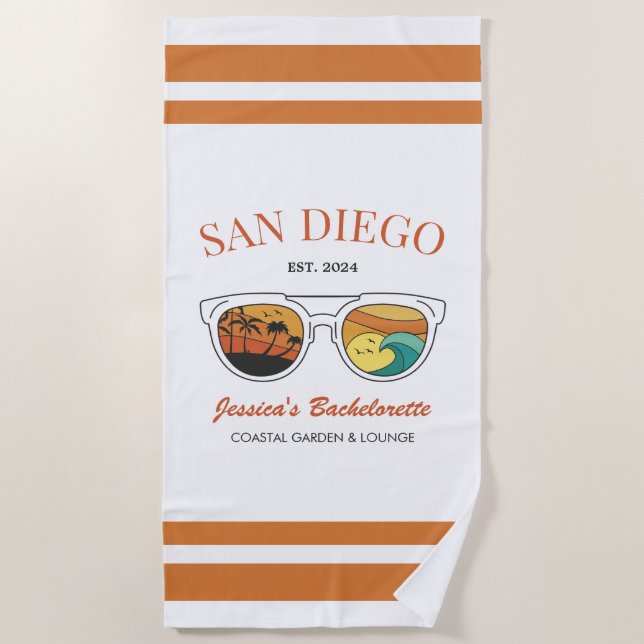 Retro Beach Bachelorette Custom Bridesmaid Gifts Beach Towel (Front)