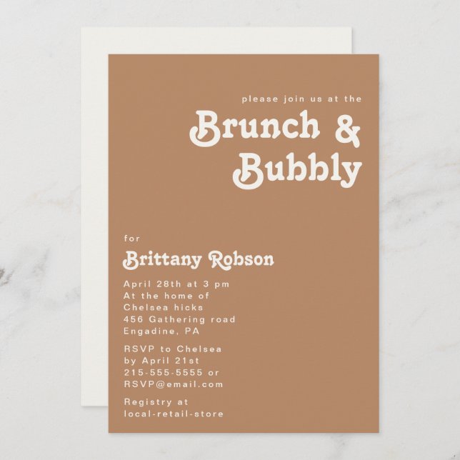 Retro Beach | Brown Brunch and Bubbly Invitation (Front/Back)