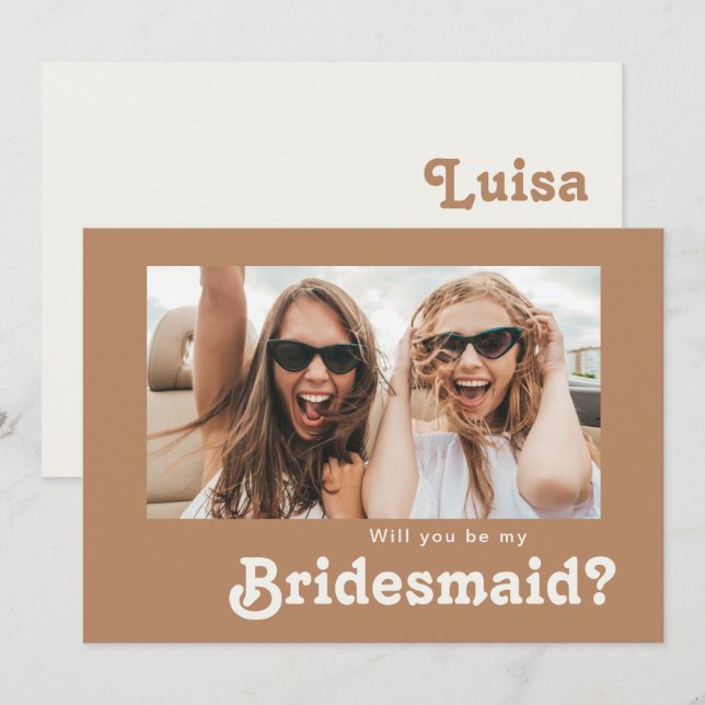 Retro Beach | Brown Photo Bridesmaid Proposal Card (Front/Back)