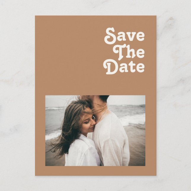 Retro Beach | Brown Photo Save The Date Invitation Postcard (Front)