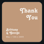 Retro Beach | Brown Thank You Wedding Favour Square Sticker<br><div class="desc">This retro beach | brown thank you wedding favour square sticker is perfect for your simple vintage, colourful tropical boho summer wedding. Its unique bohemian mid-century font gives this design a classic minimalist groovy hippie vibe. Suppose you're looking for a design that features bright, rustic coastal ocean colours for your...</div>