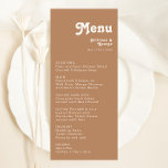 Retro Beach | Brown Wedding Dinner Menu<br><div class="desc">This retro beach | brown wedding dinner menu is perfect for your simple vintage, colourful tropical boho summer wedding. Its unique bohemian mid-century font gives this design a classic minimalist groovy hippie vibe. Suppose you're looking for a design that features bright, rustic coastal ocean colours for your creative 70's destination...</div>