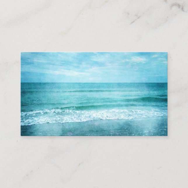 Retro Beach - Coastal Ocean Teal Blue Watercolor Business Card (Front)