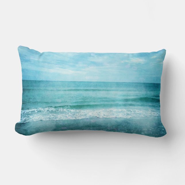 Retro Beach - Coastal Ocean Teal Blue Watercolor Lumbar Cushion (Front)