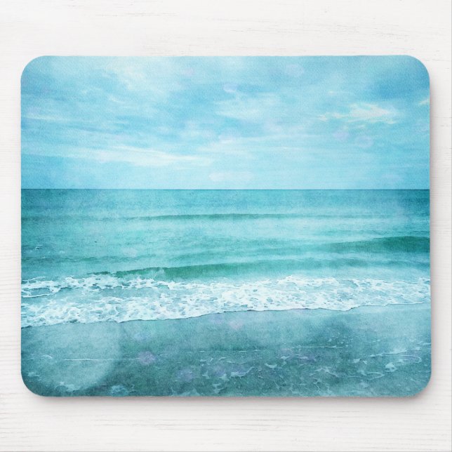 Retro Beach - Coastal Ocean Teal Blue Watercolor Mouse Mat (Front)