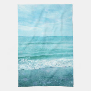Retro Beach - Coastal Ocean Teal Blue Watercolor Tea Towel