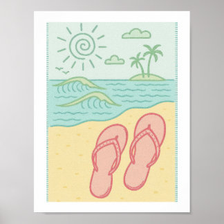 Retro Beach Flip Flops Tropical Ocean Coastal Sun Poster