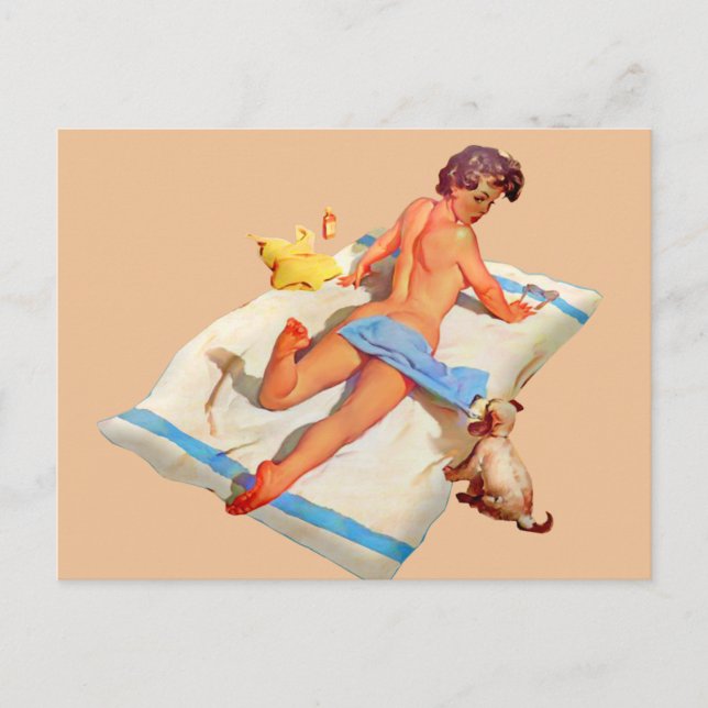RETRO BEACH GIRL SUN BATHING POSTCARD (Front)