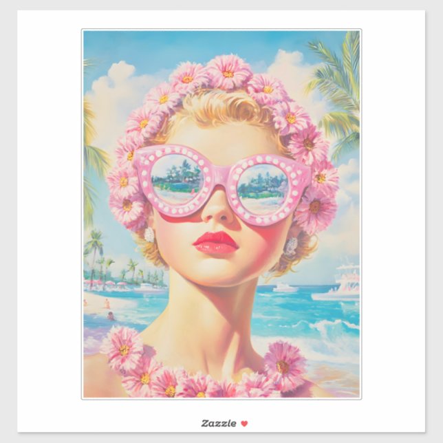 Retro Beach Girl with Floral Sunglasses (Sheet)