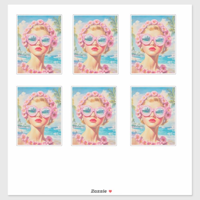 Retro Beach Girl with Floral Sunglasses (Sheet)