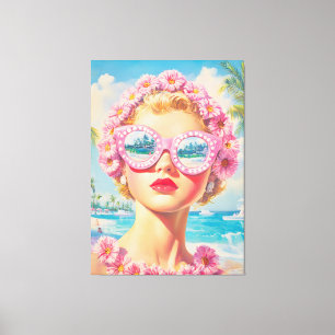 Retro Beach Girl with Floral Sunglasses Canvas Print