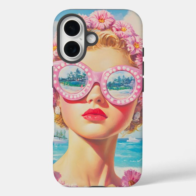 Retro Beach Girl with Floral Sunglasses Case-Mate iPhone Case (Back)