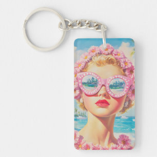 Retro Beach Girl with Floral Sunglasses Key Ring