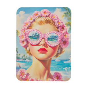 Retro Beach Girl with Floral Sunglasses Magnet