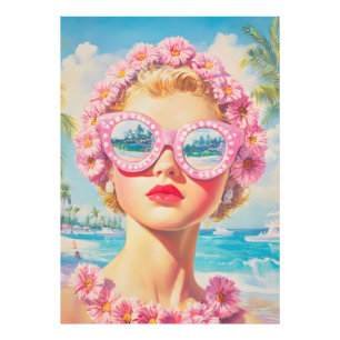 Retro Beach Girl with Floral Sunglasses Photo Print