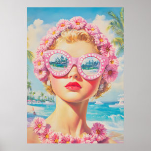 Retro Beach Girl with Floral Sunglasses Poster