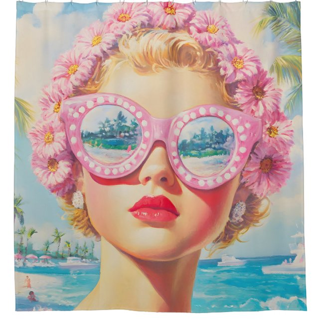 Retro Beach Girl with Floral Sunglasses Shower Curtain (Front)