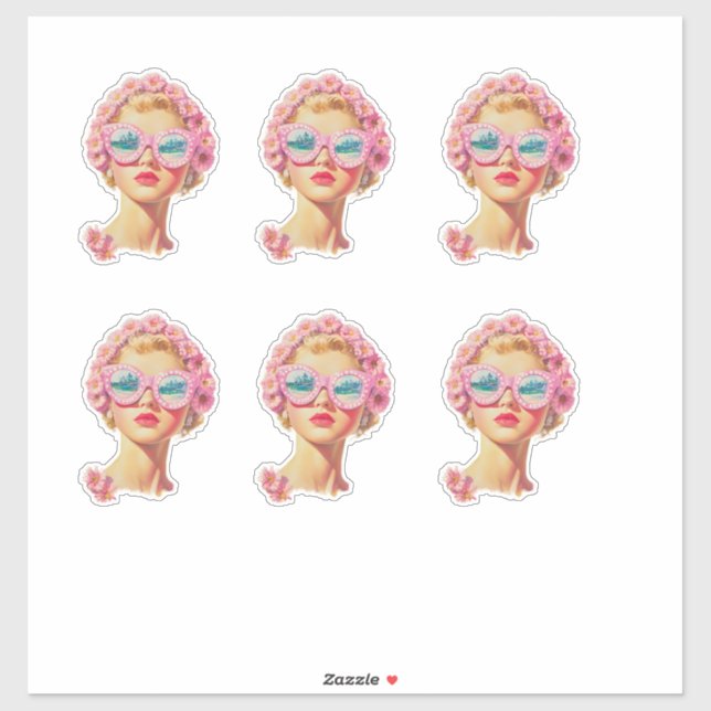 Retro Beach Girl with Floral Sunglasses Sticker (Sheet)