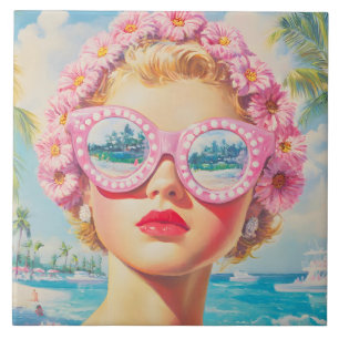 Retro Beach Girl with Floral Sunglasses Tile
