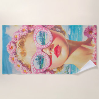 Retro Beach Girl with Floral Sunglasses Towel