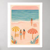 Retro Beach Girls Sunbathing Umbrellas Vintage