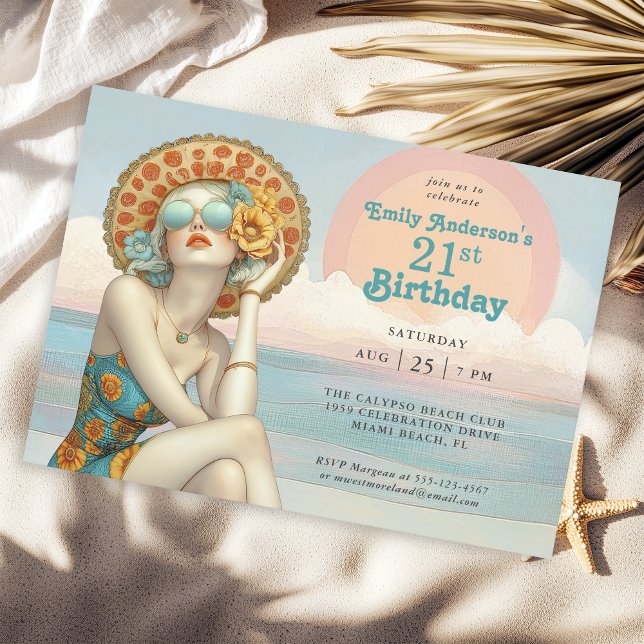 Retro Beach Glam 21st Birthday Party Invitation (Available in both printed and instant download digital formats.)