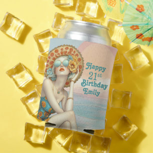 Retro Beach Glam Stylish 21st Birthday Can Cooler